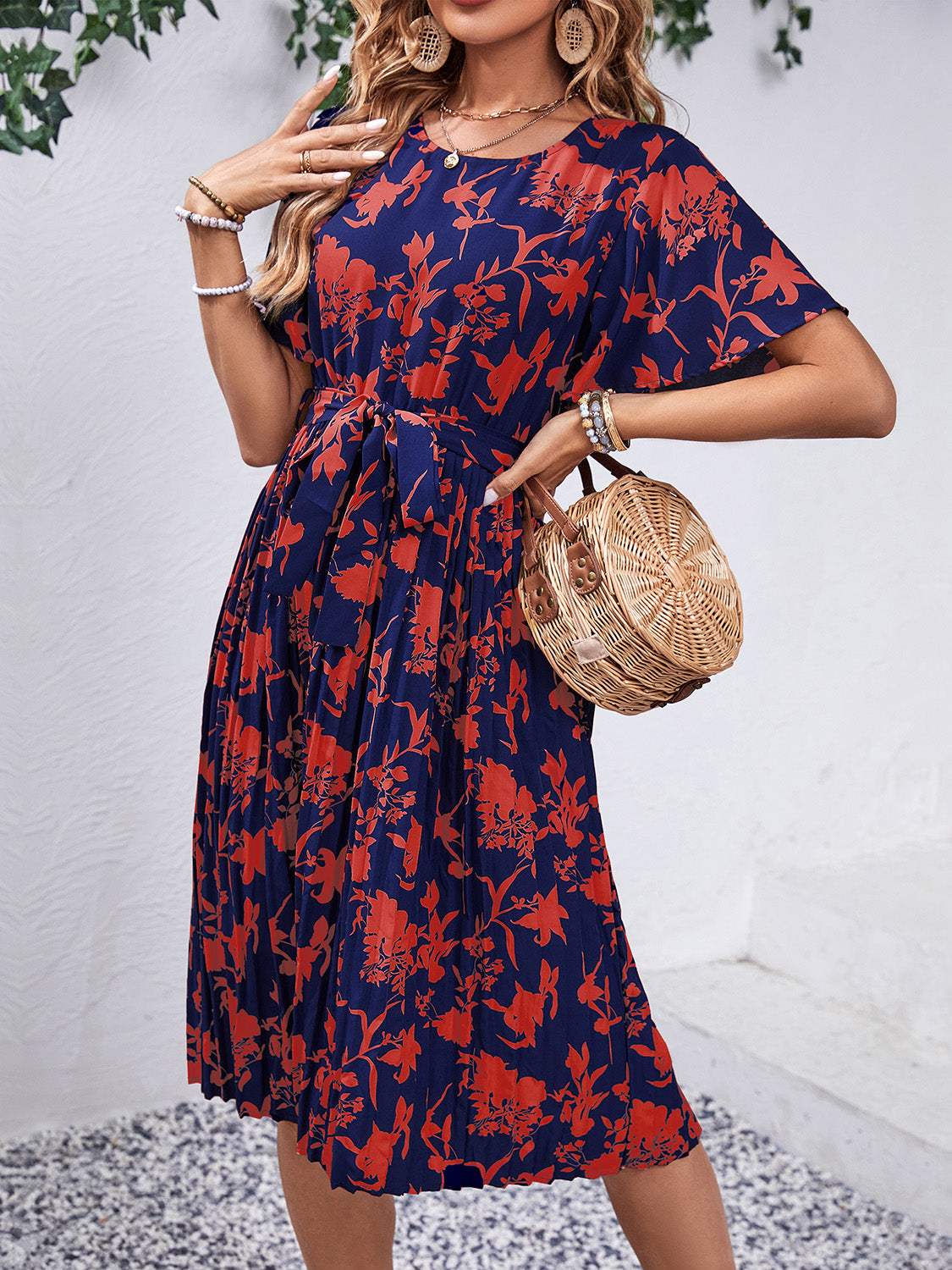 Printed Round Neck Short Sleeve Dress - Trendsi - Flyclothing LLC