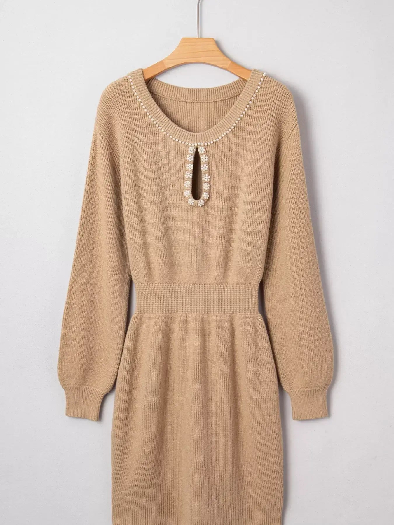 Pearl Embellished Keyhole Ribbed Sweater Dress - Trendsi - Flyclothing LLC