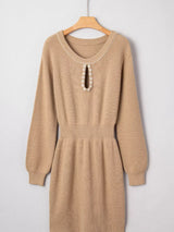 Pearl Embellished Keyhole Ribbed Sweater Dress - Trendsi - Flyclothing LLC
