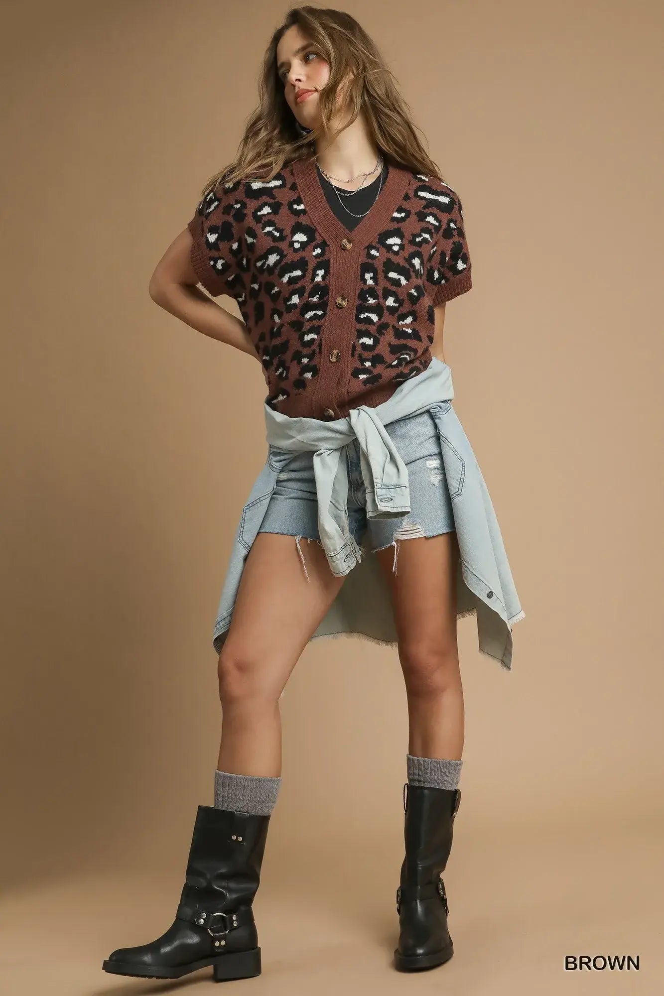 Umgee Leopard Button Down Short Sleeve Cardigan - Trendsi - Flyclothing LLC