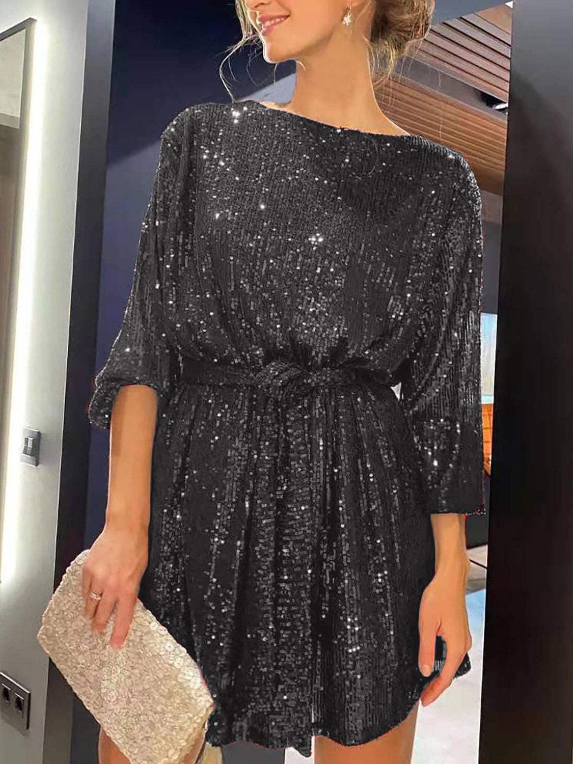 Sequin Tie Waist Long Sleeve Mini Dress - Trendsi - Flyclothing LLC