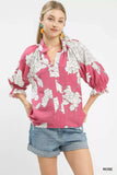Umgee Peony Illustration Print Flounce Sleeve Blouse - Trendsi - Flyclothing LLC