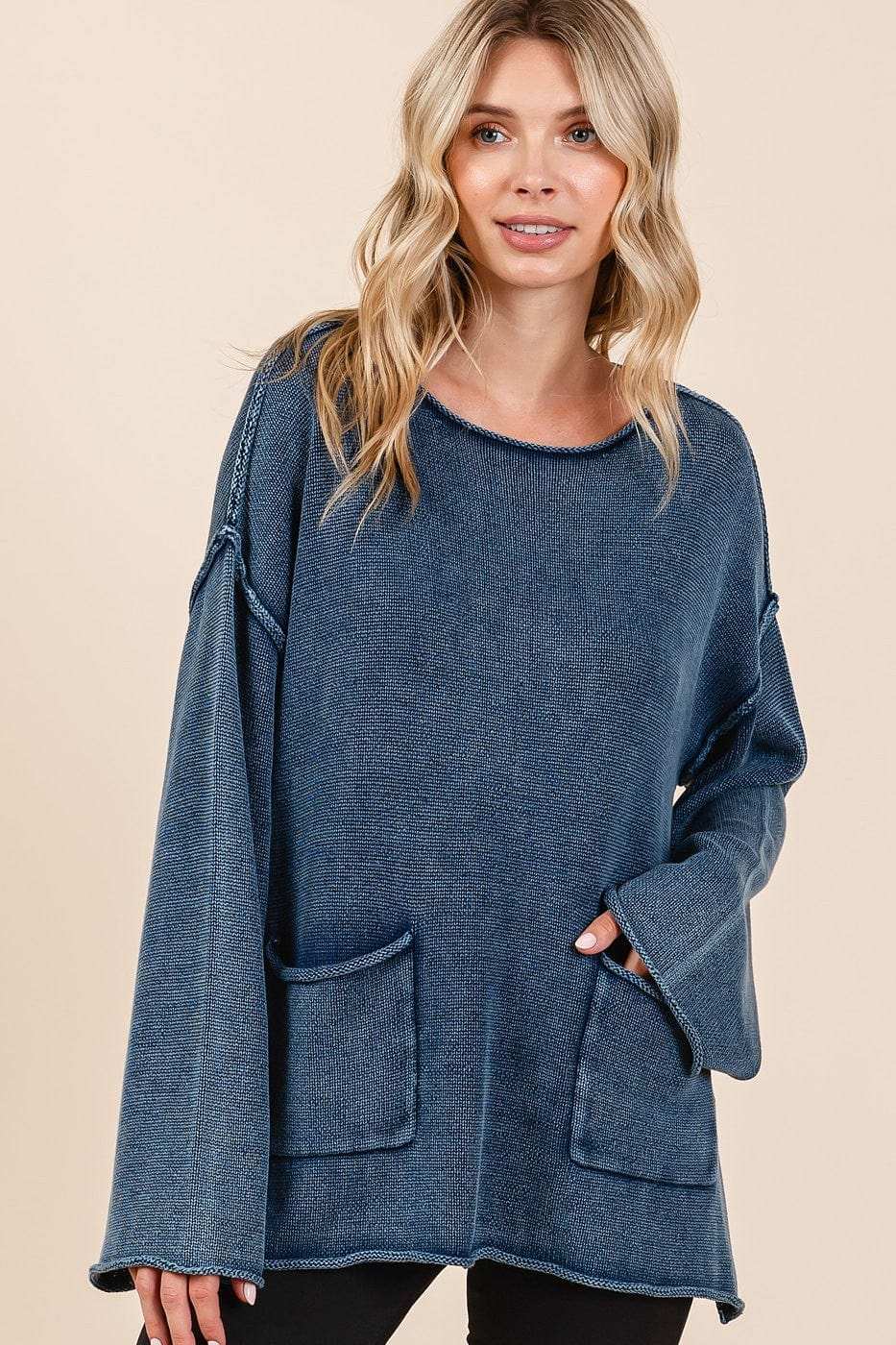 Mittoshop Mineral Wash Patch Pocket Cut Edge Sweater - Trendsi - Flyclothing LLC