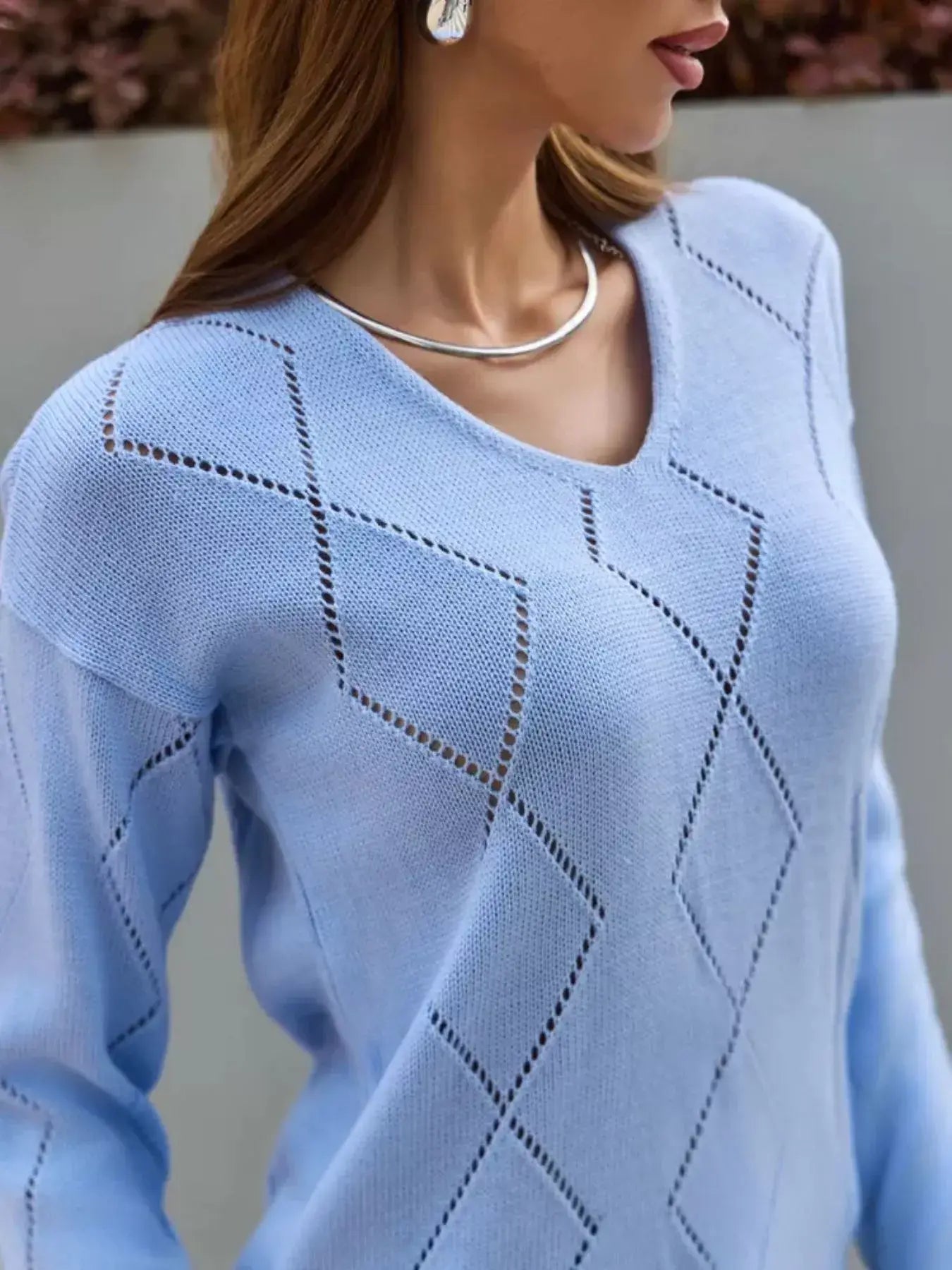 Openwork V-Neck Sweater - Trendsi - Flyclothing LLC