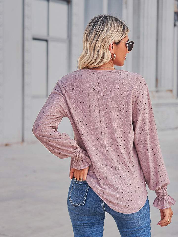 V-Neck Eyelet Flounce Sleeve Blouse - Trendsi - Flyclothing LLC