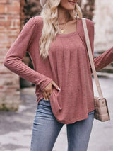 Pleated Square Neck Long Sleeve T-Shirt - Trendsi - Flyclothing LLC