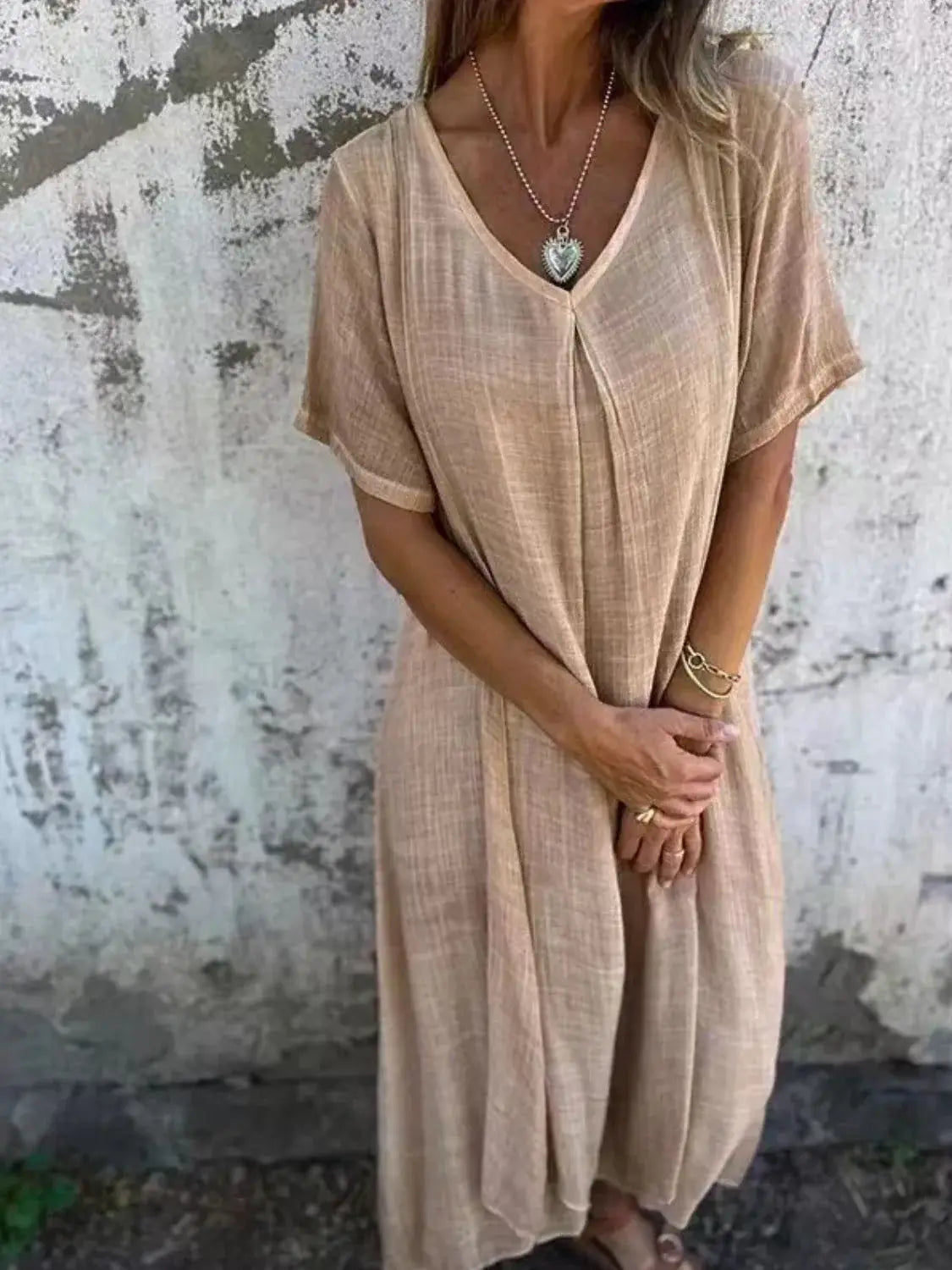 Full Size V-Neck Short Sleeve Midi Dress Plus Size - Trendsi - Flyclothing LLC