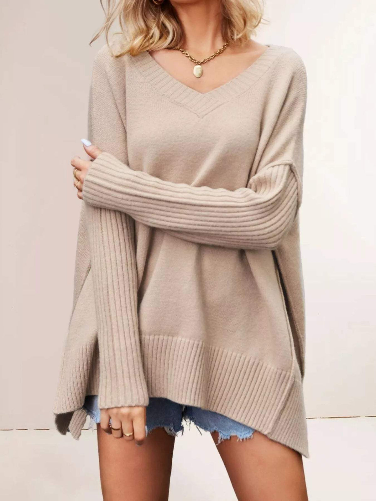V-Neck Ribbed Sleeve Sweater - Trendsi - Flyclothing LLC