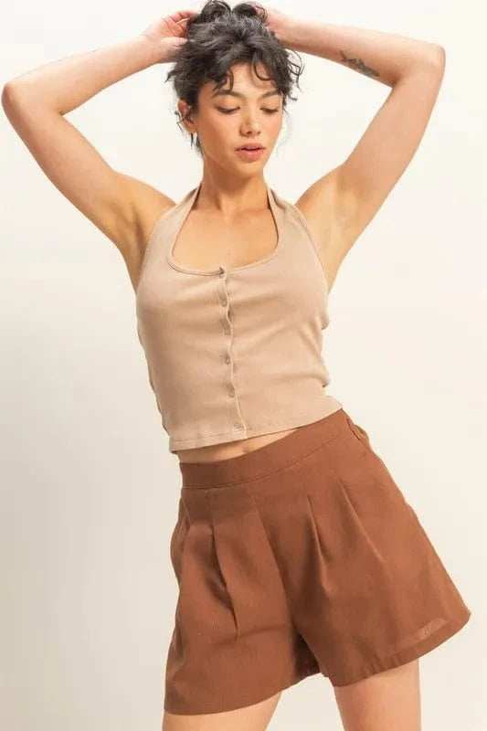 HYFVE Halter Neck Buttoned Washed Top - Trendsi - Flyclothing LLC