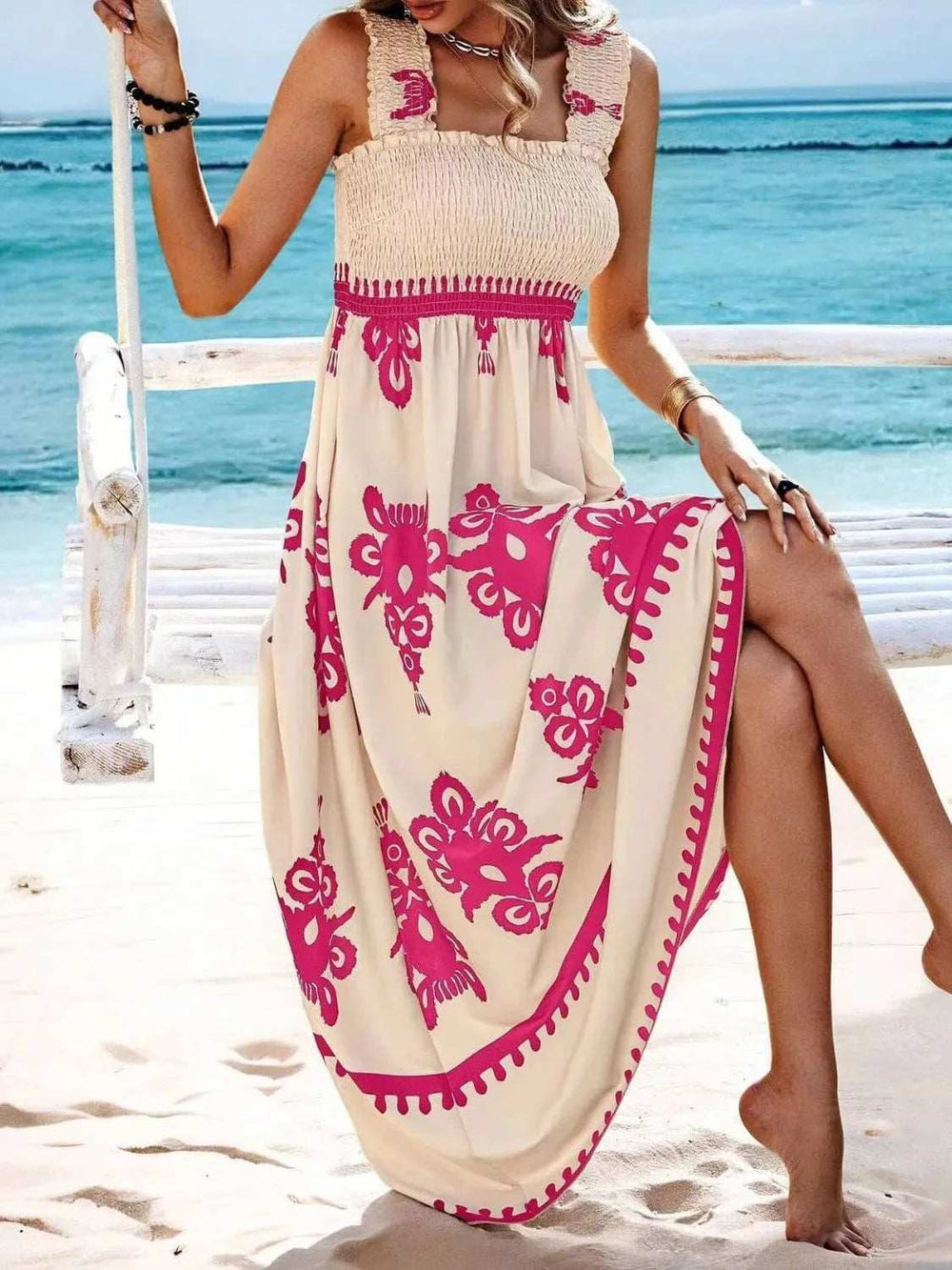 Smocked Printed Wide Strap Maxi Dress - Trendsi - Flyclothing LLC