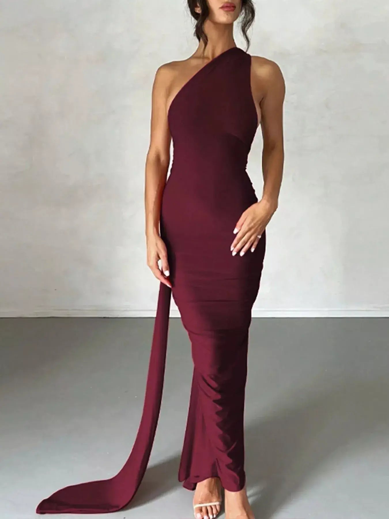 Backless One-Shoulder Ruched Bodycon Maxi Dress - Trendsi - Flyclothing LLC