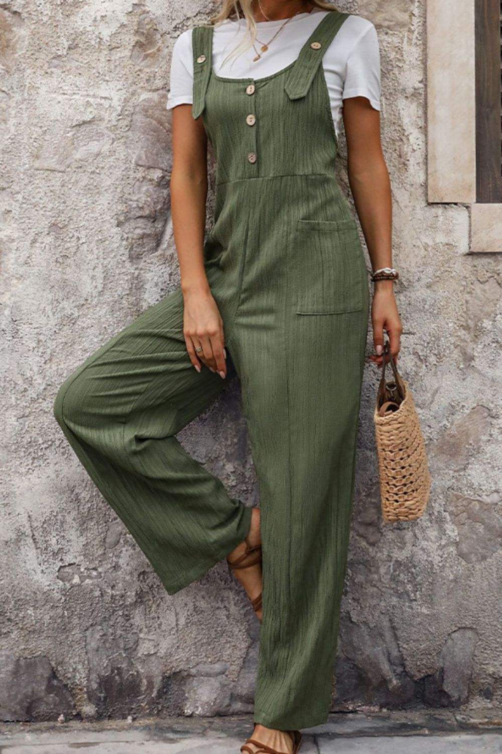 Textured Pocketed Wide Strap Overalls - Trendsi - Flyclothing LLC
