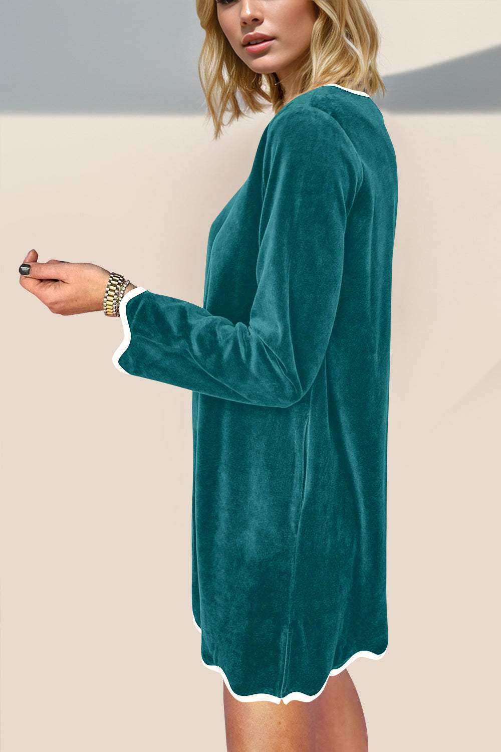 Double Take Wave Contrast Trim V-Neck Zip Up Long Sleeve Mini Dress - Trendsi - Flyclothing LLC