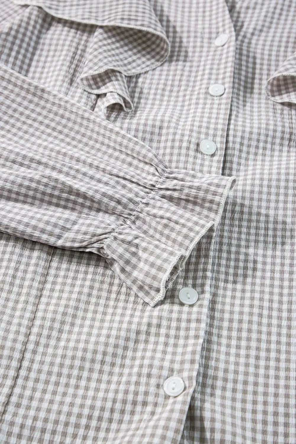 Ruffled Plaid Notched Flounce Sleeve Shirt - Trendsi - Flyclothing LLC