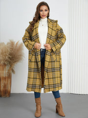 Plaid Double-Breasted Long Sleeve Longline Coat - Trendsi