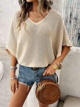 V-Neck Batwing Sleeve Knit Top - Trendsi - Flyclothing LLC