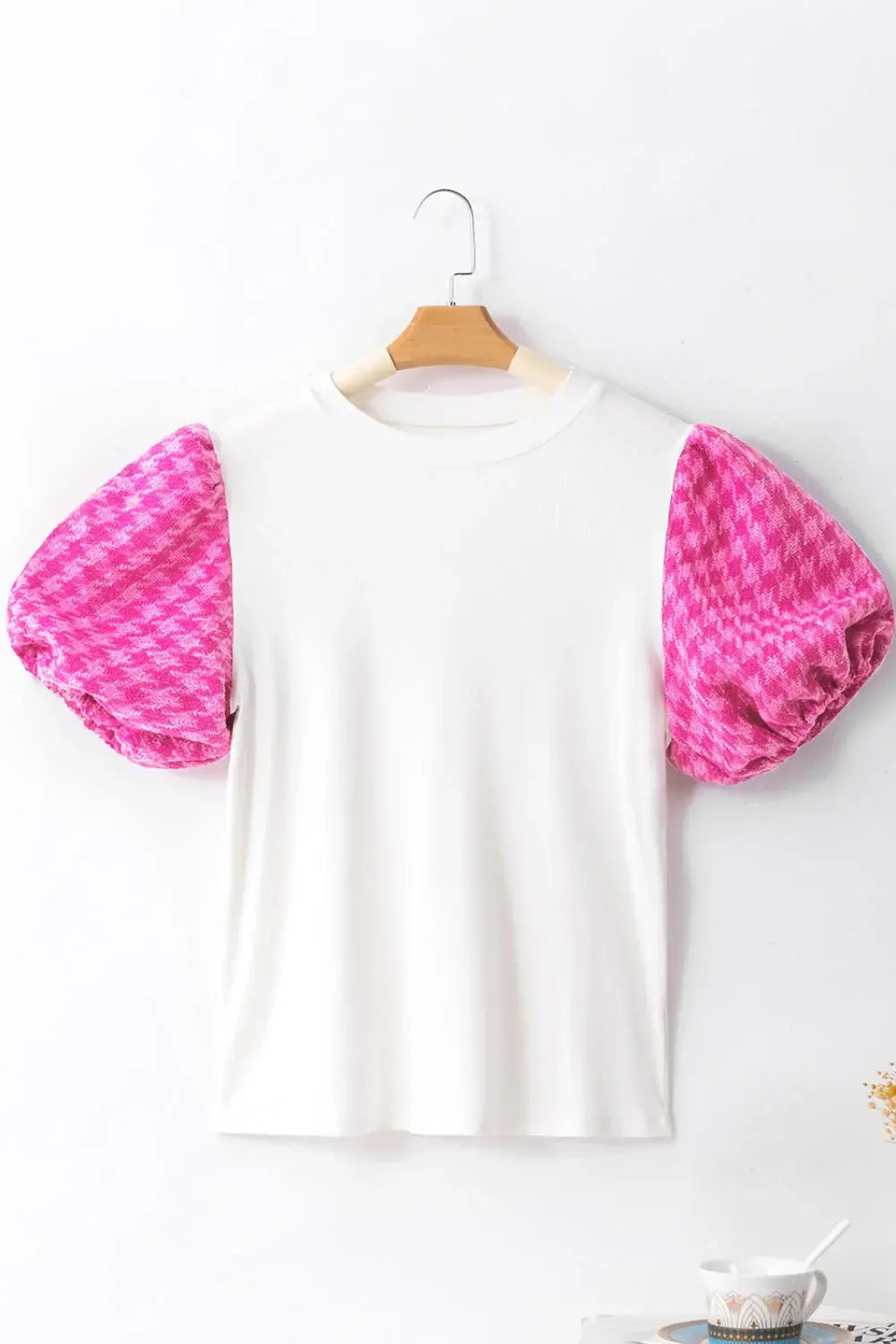 Round Neck Contrast Tweed Puff Sleeve Top - Trendsi - Flyclothing LLC