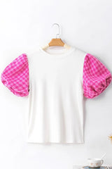Round Neck Contrast Tweed Puff Sleeve Top - Trendsi - Flyclothing LLC