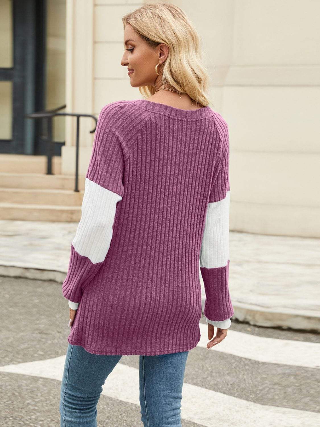 Color Block V-Neck Long Sleeve T-Shirt - Trendsi - Flyclothing LLC