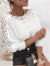 Lace Trim Round Neck Sweater - Trendsi - Flyclothing LLC
