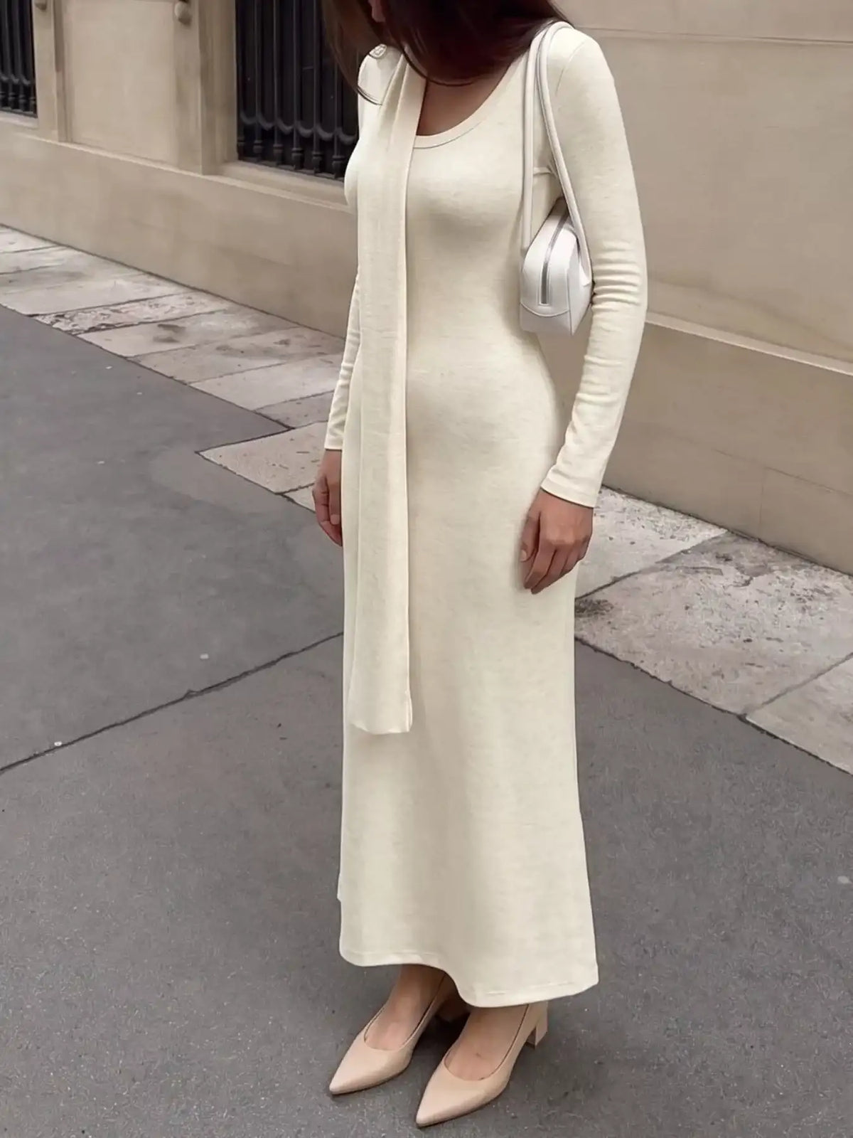 Round Neck Maxi Knit Dress with Matching Scarf - Trendsi - Flyclothing LLC