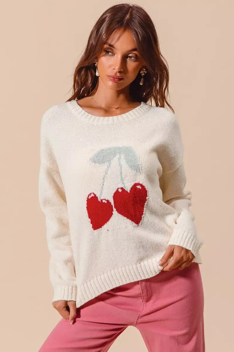 SO ME Heart Cherry Knitted Valentine Sweater Top - Trendsi - Flyclothing LLC