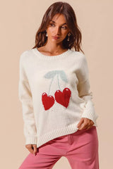 SO ME Heart Cherry Knitted Valentine Sweater Top - Trendsi - Flyclothing LLC