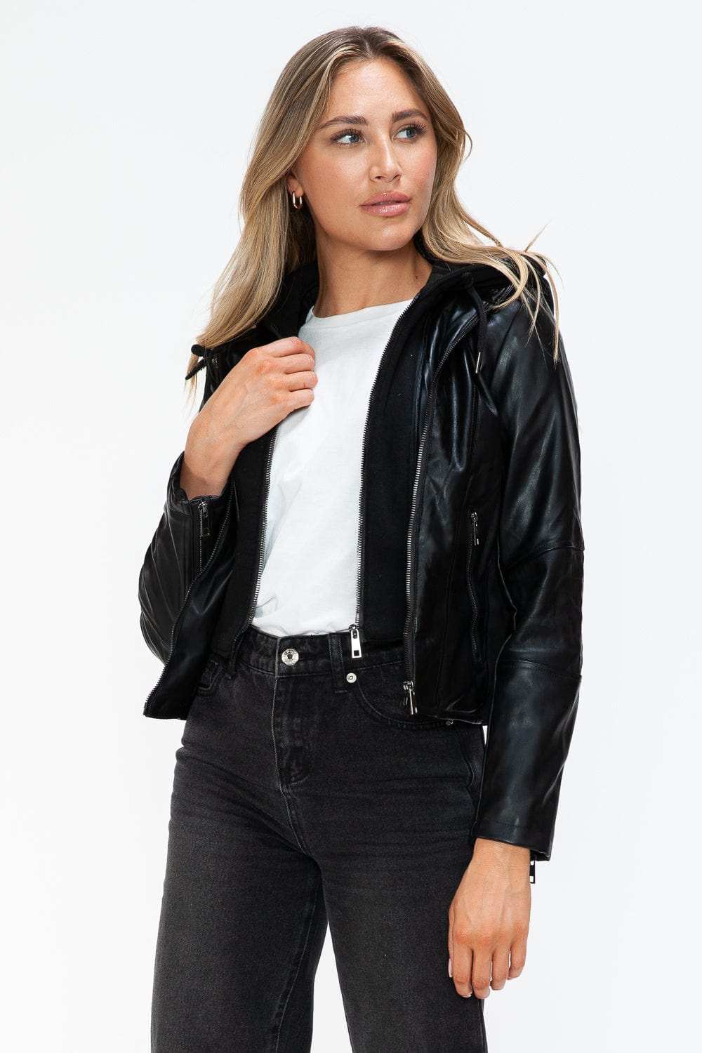 Snobbish Faux Leather Zip Up Drawstring Hooded Jacket - Trendsi - Flyclothing LLC