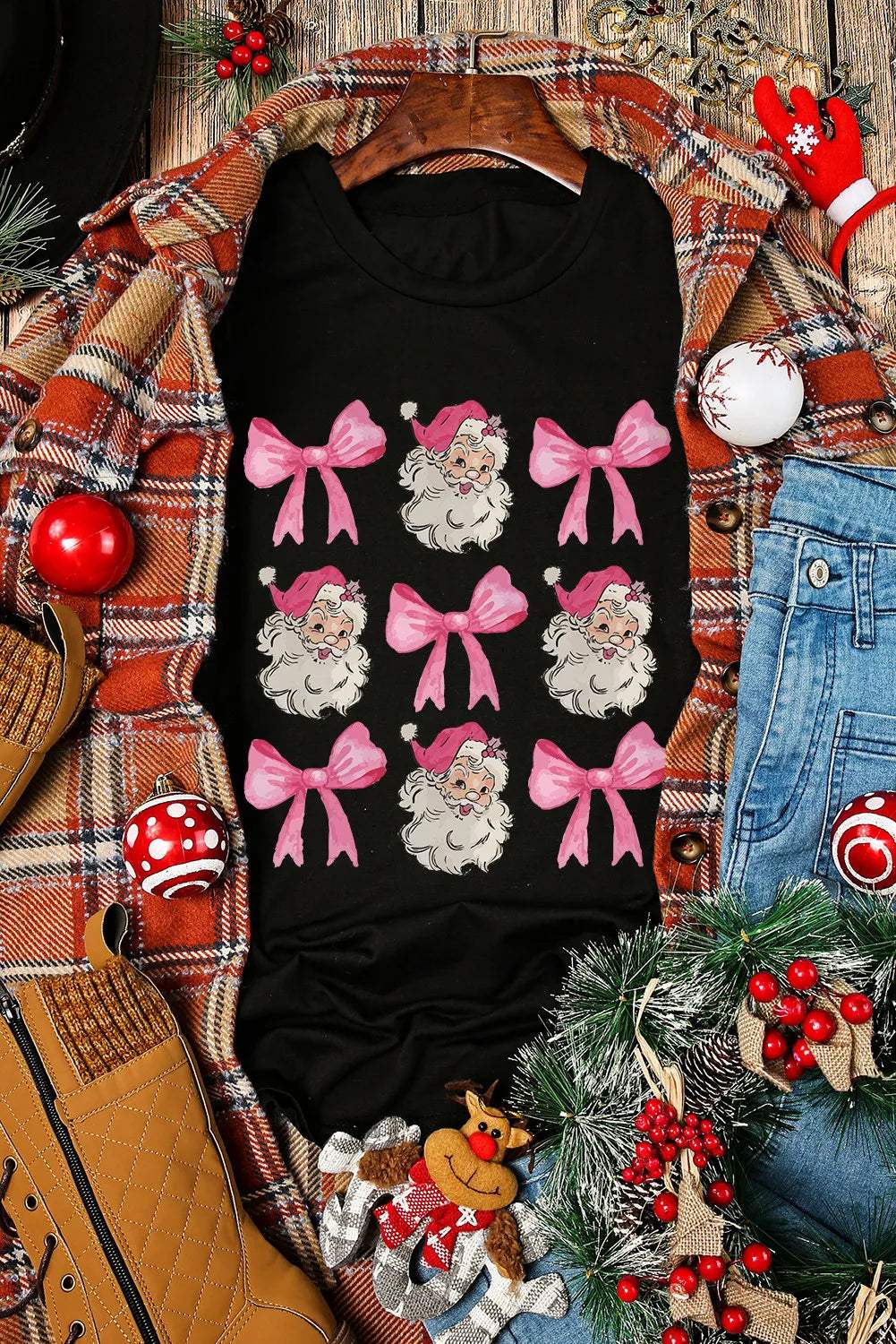 Santa & Bow Graphic Round Neck Short Sleeve T-Shirt - Trendsi - Flyclothing LLC