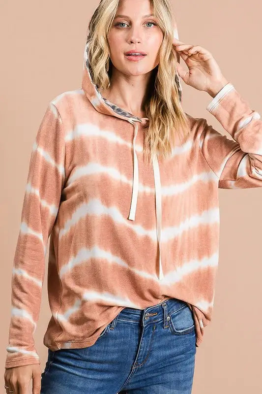 BiBi Tie Dye Stripe Terry Drawstring Hoodie With Leopard - Trendsi - Flyclothing LLC