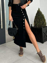 Front Button Slit Midi Denim Skirt - Trendsi - Flyclothing LLC