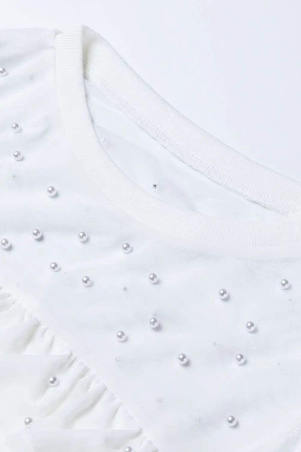 Pearl Decor Mesh Patchwork Ribbed Long Sleeve Top - Trendsi - Flyclothing LLC