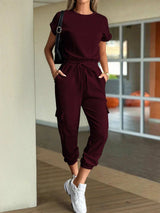 Round Neck Short Sleeve Top and Pants Set - Trendsi - Flyclothing LLC