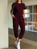 Round Neck Short Sleeve Top and Pants Set - Trendsi - Flyclothing LLC