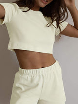 Waffle-Knit Round Neck T-Shirt, Open Front Cardigan and Shorts Set - Trendsi - Flyclothing LLC