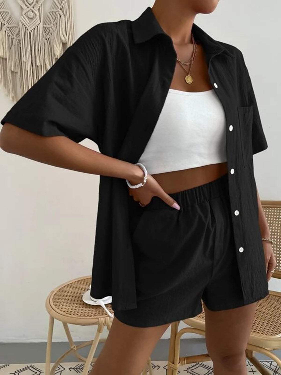 Button Up Short Sleeve Shirt and Shorts Set - Trendsi - Flyclothing LLC