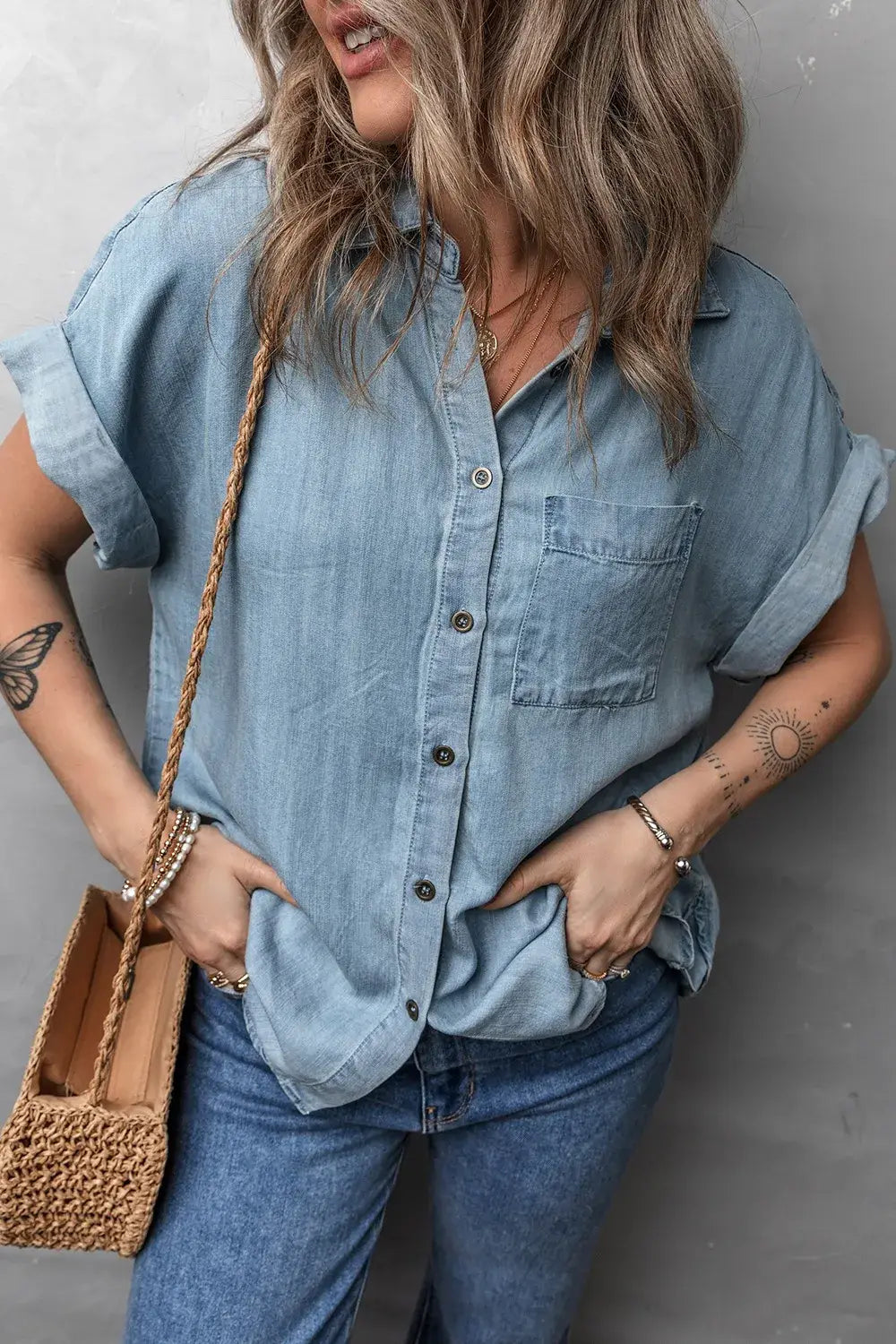 Folded Short Sleeve Patched Pocket Denim Shirt - Trendsi - Flyclothing LLC
