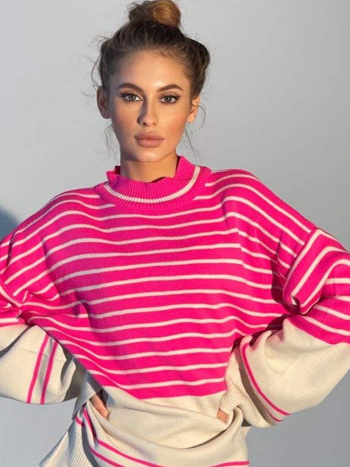 Striped Mock Neck Long Sleeve Sweater - Trendsi - Flyclothing LLC
