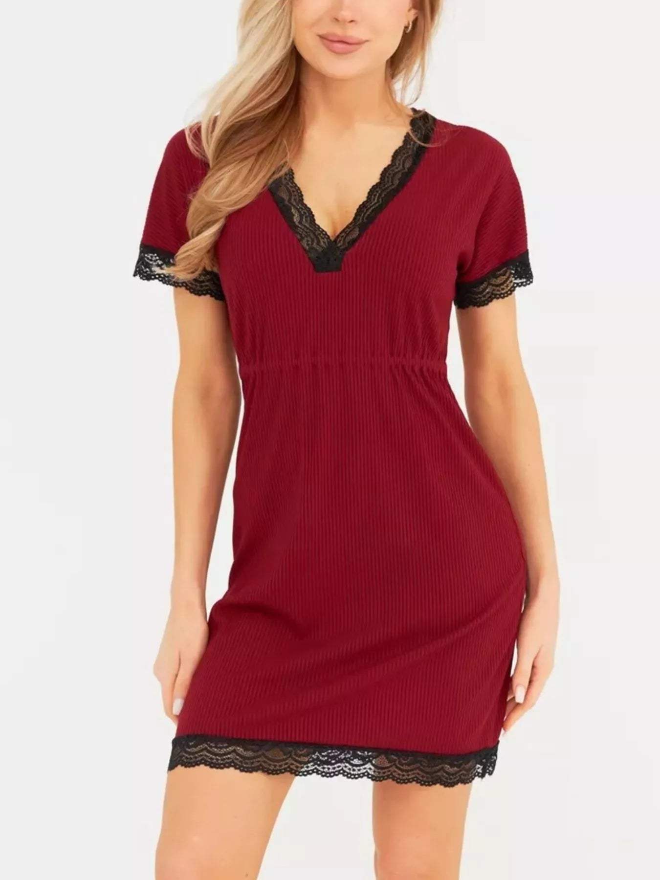Full Size Ribbed Lace-Trim V-Neck Mini Dress Plus Size - Trendsi - Flyclothing LLC