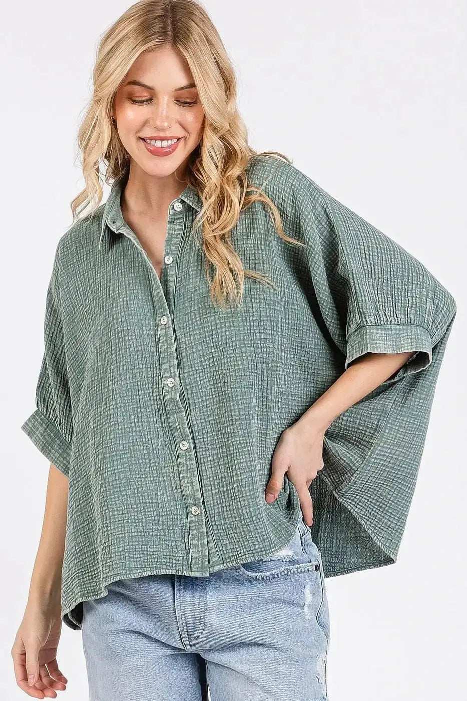 Mittoshop Mineral Wash Gauze Dolman Sleeve Button Down Shirt - Trendsi - Flyclothing LLC