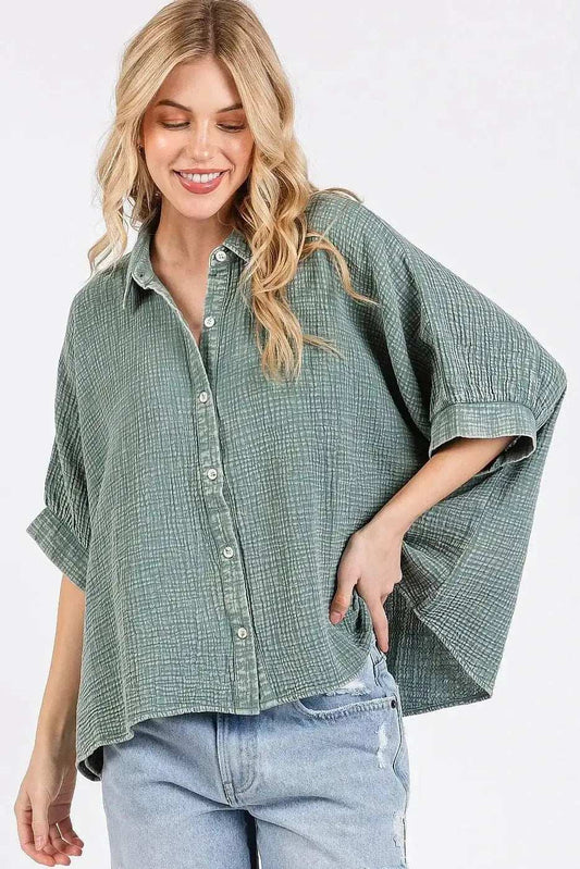 Mittoshop Mineral Wash Gauze Dolman Sleeve Button Down Shirt - Trendsi - Flyclothing LLC