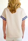 Striped Trim Textured Quarter Zipper Short Sleeve Top - Trendsi
