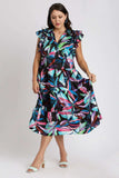 Umgee Full Size Leaf Print Double Layered Ruffle Sleeve Tiered Midi Dress Plus Size - Trendsi - Flyclothing LLC