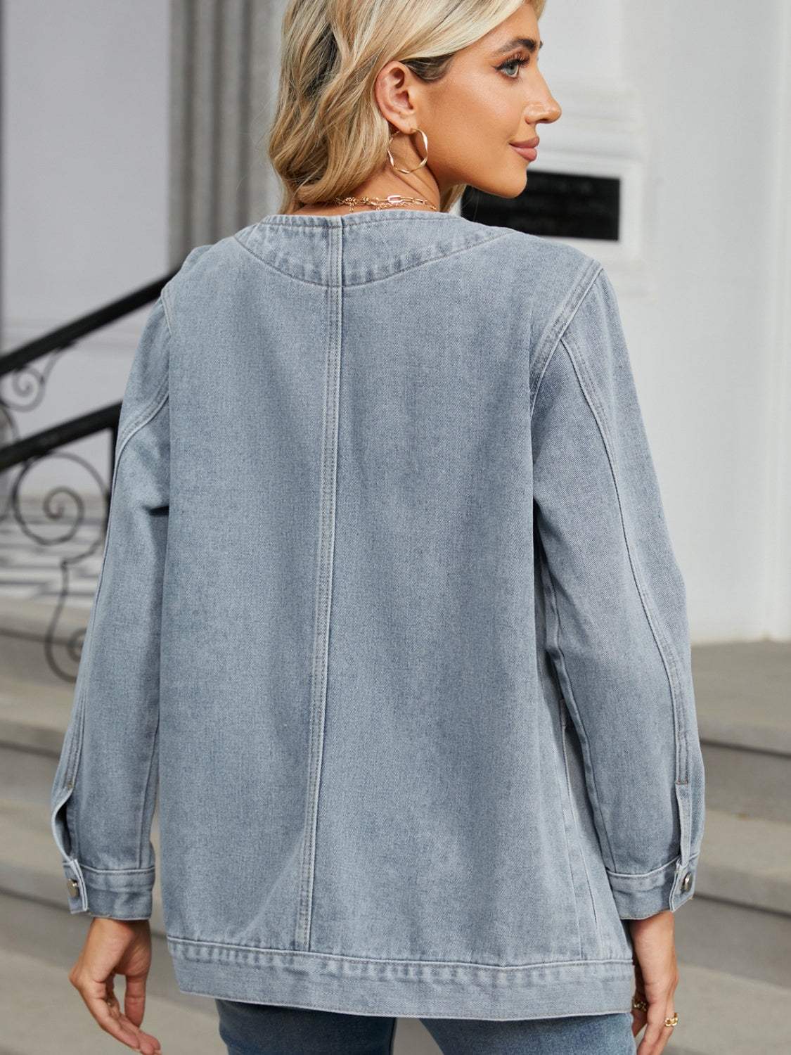 Pocketed V-Neck Button Up Denim Jacket - Trendsi - Flyclothing LLC