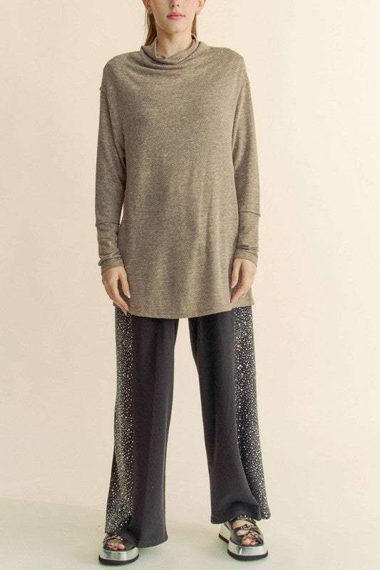 Davi & Dani Slit Mock Neck Long Sleeve Top - Trendsi - Flyclothing LLC