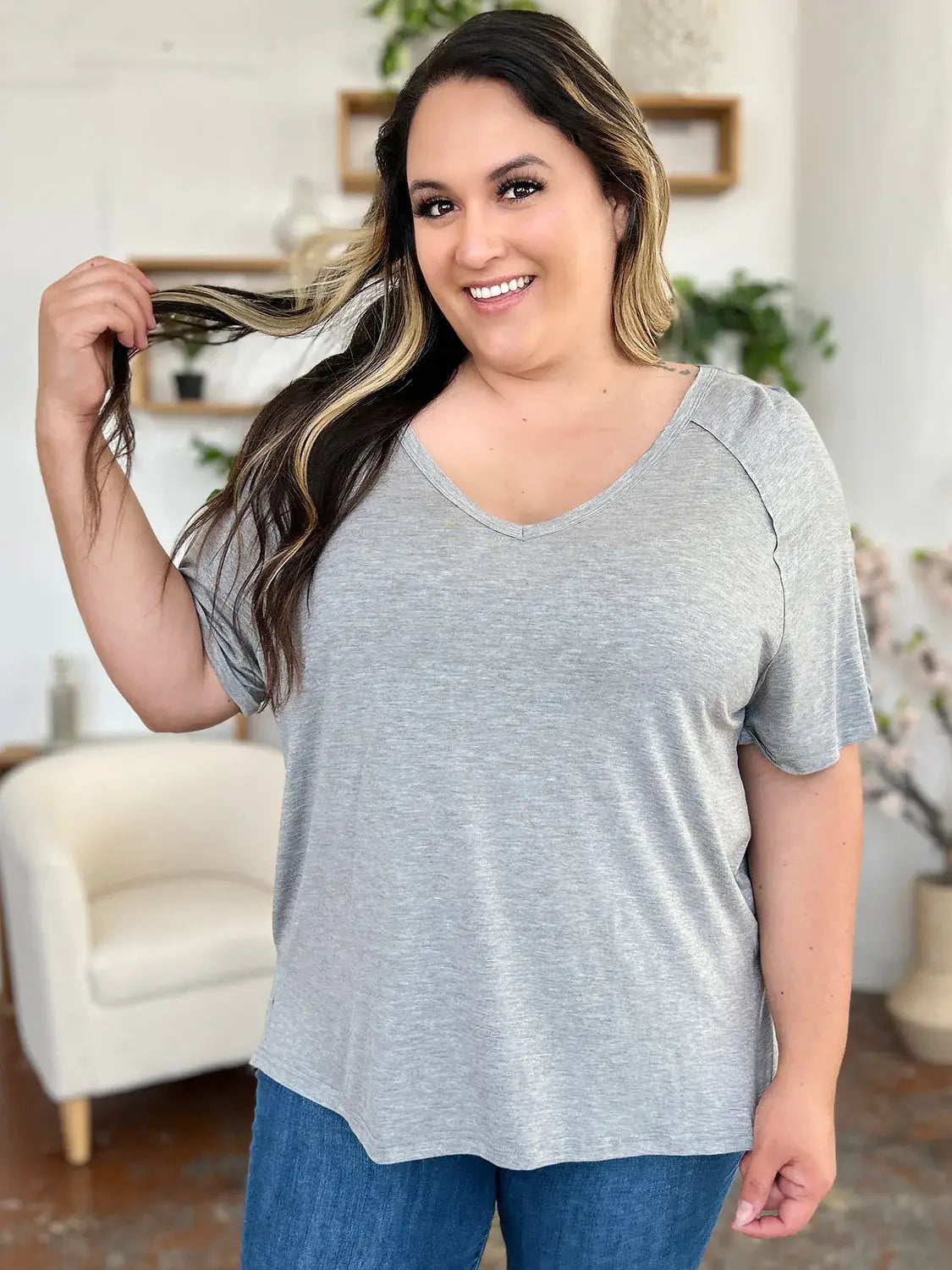 Basic Bae Full Size Bamboo Slit V-Neck Short Sleeve T-Shirt - ShopBasicbae - Flyclothing LLC
