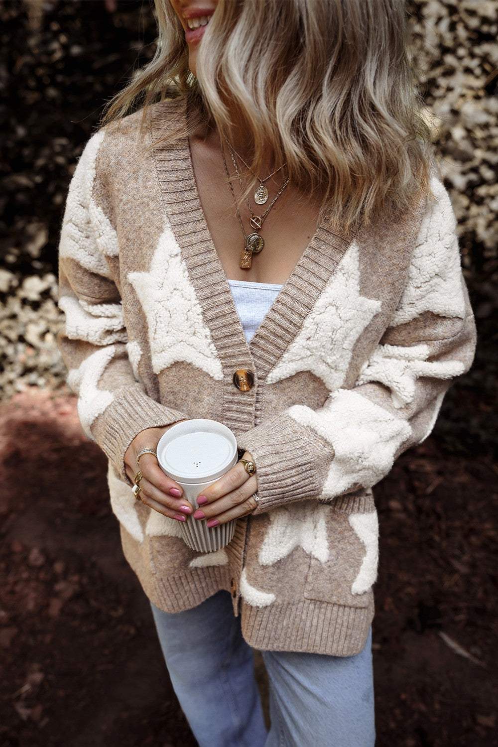 Star Button Up Long Sleeve Cardigan - Trendsi - Flyclothing LLC