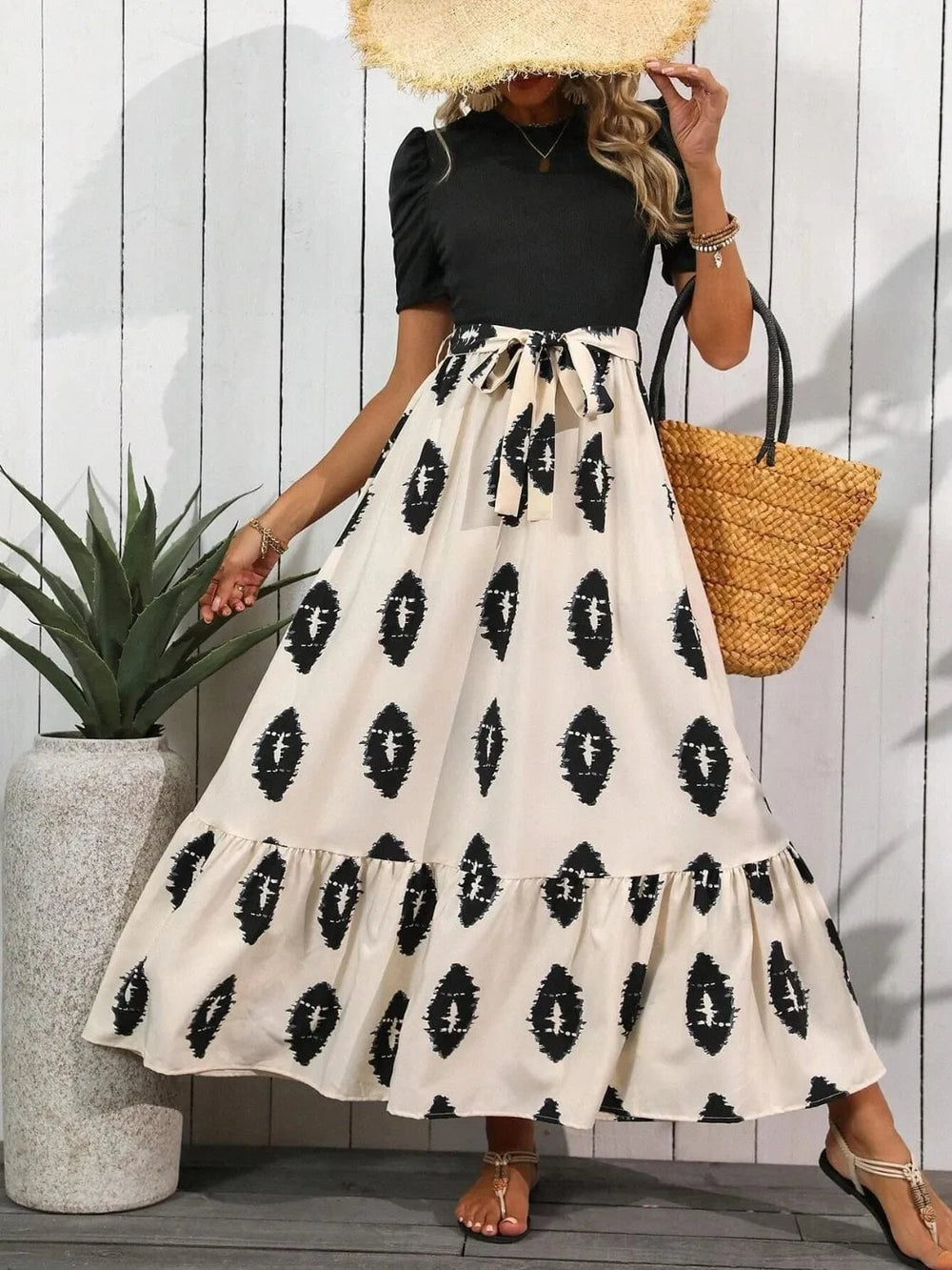 Printed Tie Waist Short Sleeve Maxi Dress - Trendsi