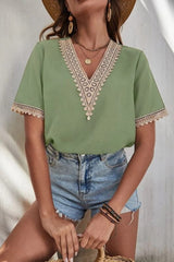 Full Size Lace Detail V-Neck Short Sleeve Blouse - Trendsi
