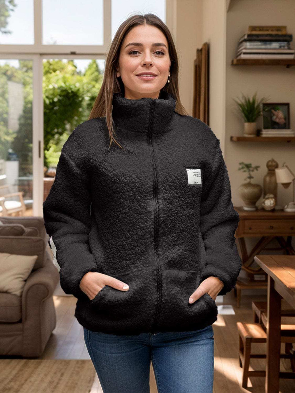 Full Size Turtleneck Zip Up Long Sleeve Sherpa Jacket - Trendsi - Flyclothing LLC